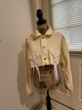 Carmar butter Yellow Cropped Distressed Denim Jacket with White Buckle Straps